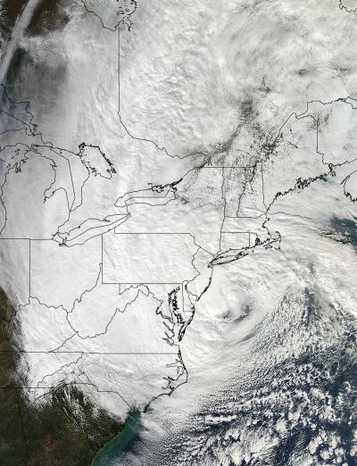 Satellite view of hurrican Sandy off the US coast, 29 October 2012