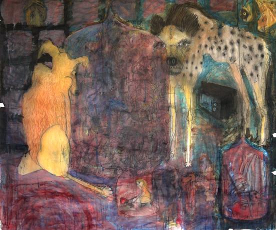 Freya Pocklington, The Capulet's Ball Played by Peritas and a Hyena, 2012, conte crayon and ink on paper, 164 x 188 x 5 cm