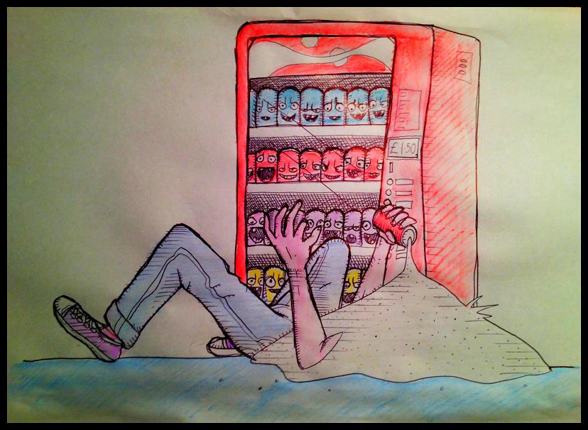 A picture of a man and a drinks machine