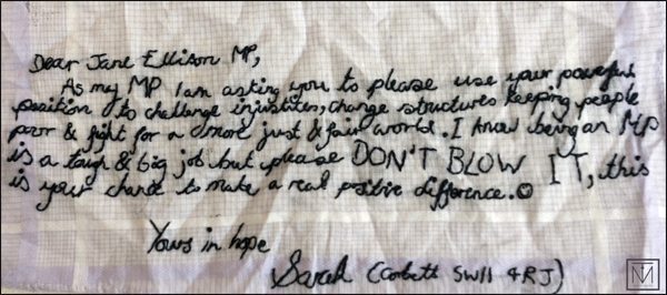 Stitched letter to MP