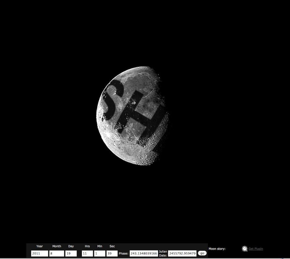 A picture of Liliane Lijn, moonmeme, image of the word SHE projected onto the moon