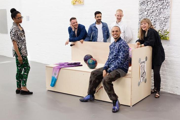 Abstract Cabinet: Artists Anthea Hamilton; Nicholas Deshayes; Prem Sahib; Adham Faramawy; George Henry Longly; and Celia Hempton posing in the exhibition Abstract Cabinet. Image courtesy: Plastiques Photography.