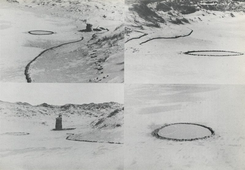 Barry Flanagan, ring, line and easter bag ’67 Holywell beach, Cornwall, 1967, as documented in Gerry Schum (ed.), LAND ART, Hartwig Popp, Hanover, 1970 © The Estate of Barry Flanagan, 2015