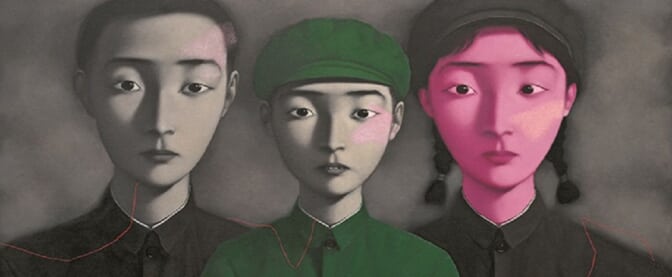 Zhang Xiaogang's 'Big Family No. 3' depicting a surreal, elongated family portrait with muted colors and haunting expressions.