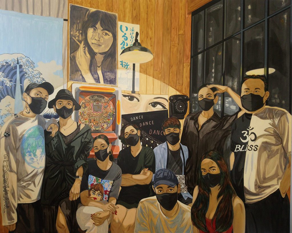 painting of a group in face masks