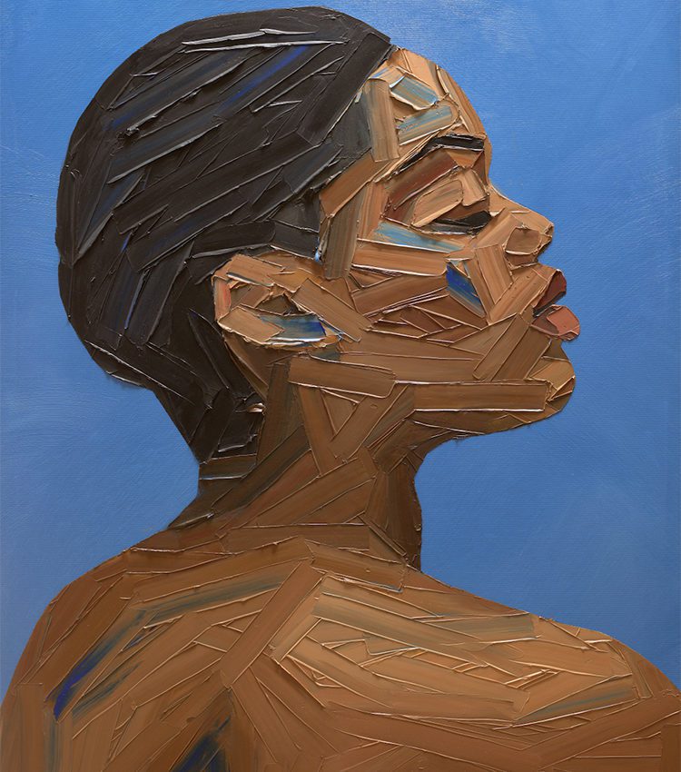 portrait painting of a woman against blue background