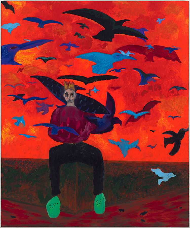 painting of a man surrounded by bats