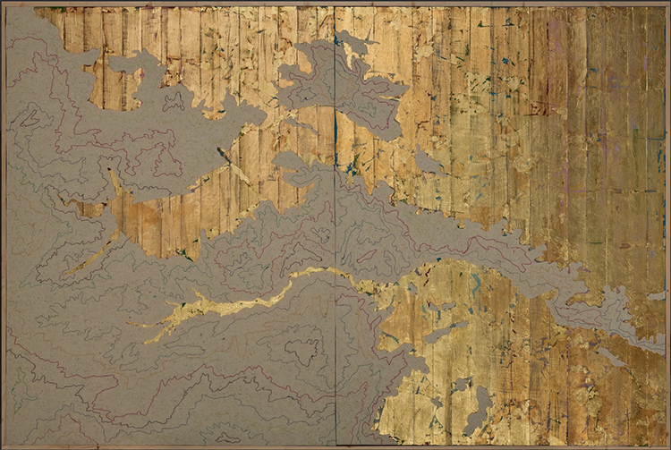 artwork depicting a map with gold leaf