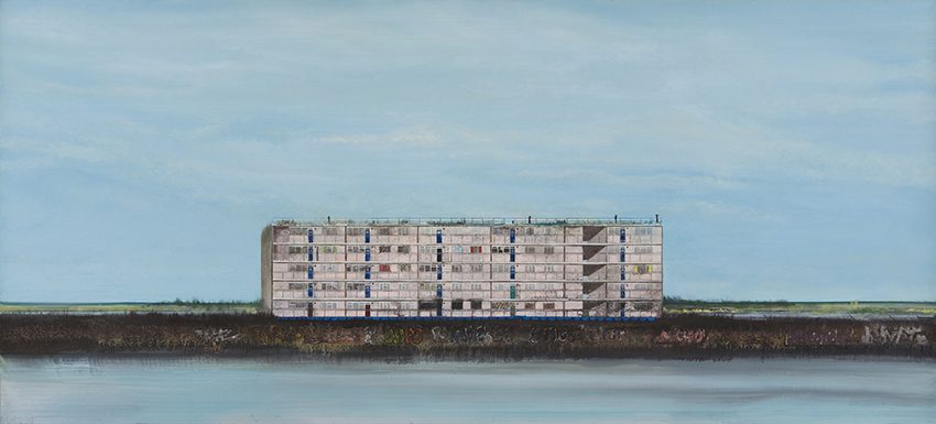 painting of pink building on water