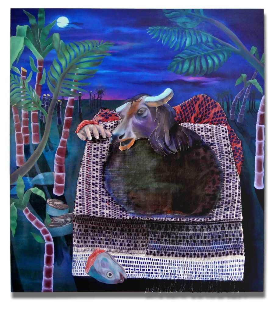 Jeanne F. Jalandoni, Sugarcane Milkfish, 2021-22, Oil on canvas, weaving and machine knit sewn to canvas, pastel, resin, epoxy, 172.7 x 162.6 cm; (68 x 64 in.)
