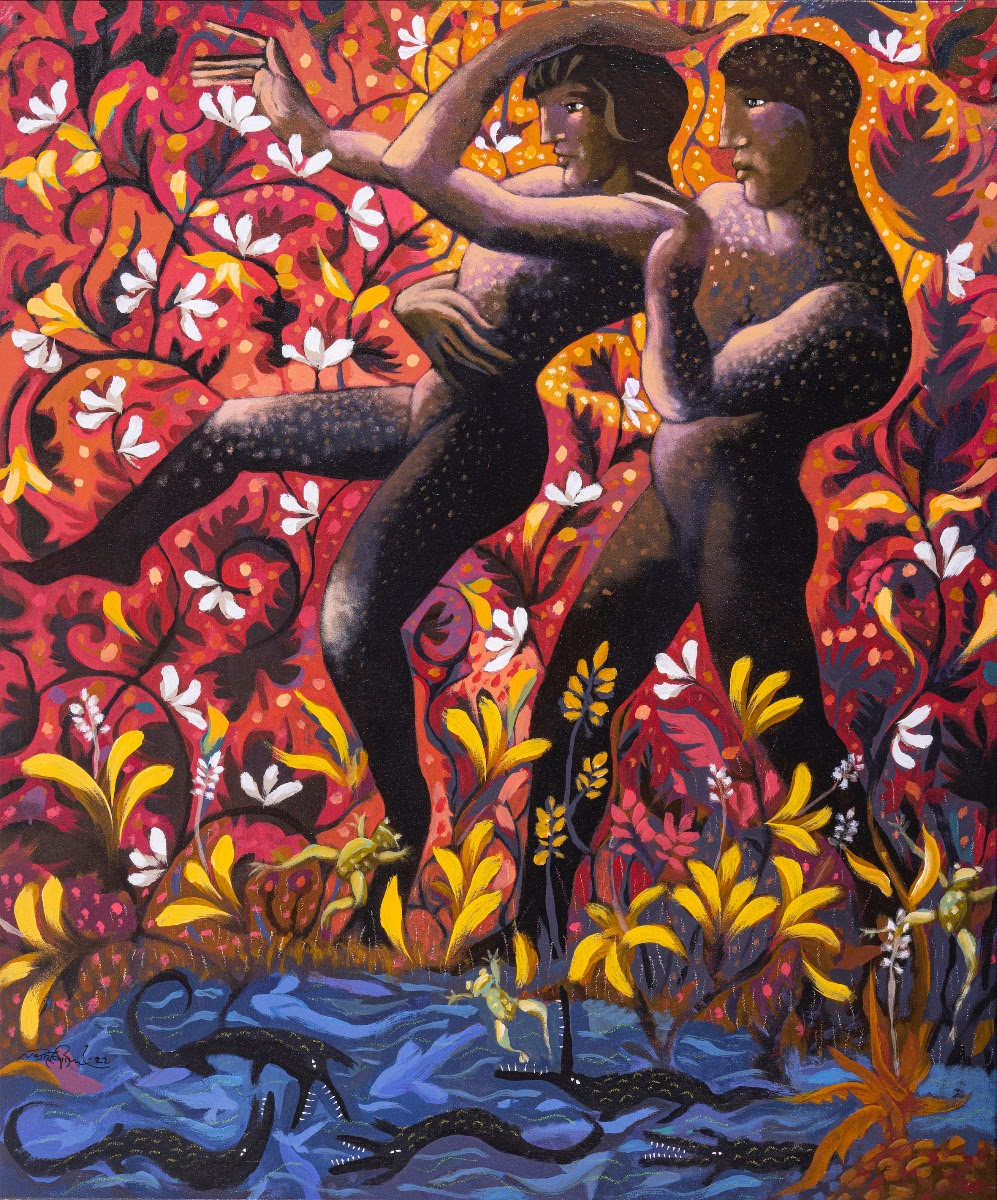 Nazir Tanbouli, Don't swim with crocodiles, 2022 | Acrylic on canvas | 120 x 100 cm