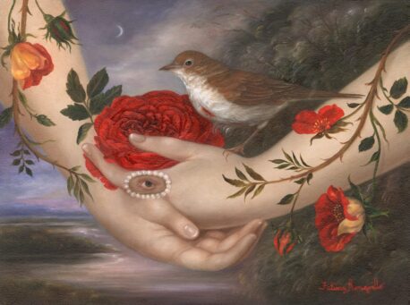 “The Nightingale and The Rose” 9×12 inches, oil on aluminum panel