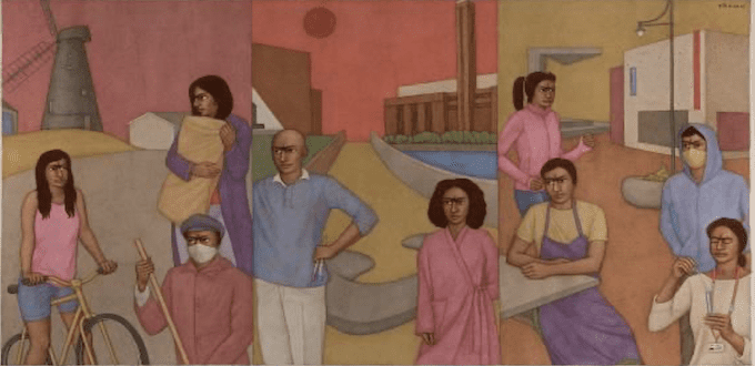 A study for Shanti Panchal's Endurance mural showing Asian families in London.