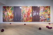 Kengo Kito, cartwheel galaxy, 2020. Acrylic, glitter, glass, spray, cotton, cloth, vinyl on canvas. 194 x 589 x 6cm. Photo by Shinya Kigure. Courtesy of MtK Contemporary Art
