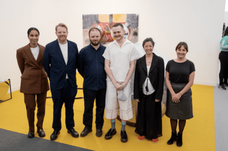 From left to right: Eva Langret (Artistic Director of Frieze London), Martin Clark (Director, Camden Art Centre), Freddie Powell (Founding Director, Ginny on Frederick), Jack O'Brien (Artist and winner of Camden Art Centre Emerging Art Prize 2023), Nicole Yip (Chief Curator, Nottingham Contemporary), and Gina Buenfeld Murley (Curator, Camden Art Centre). Photo Courtesy of Linda Nylind and Frieze