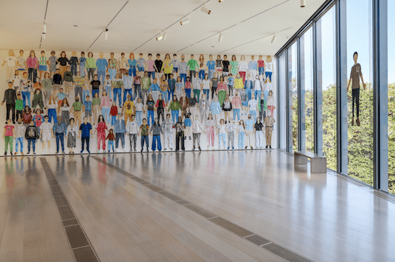 Image shows installation view of Flying People, an artwork by Shimubuku