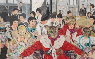 Image shows María Berrío, The Spectators, 2024, Collage with Japanese papers and watercolour paint on canvas, 233.7 x 299.7cm, 92 x 118 in, © María Berrío. Courtesy the artist and Victoria Miro