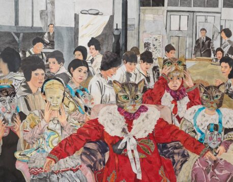 Image shows María Berrío, The Spectators, 2024, Collage with Japanese papers and watercolour paint on canvas, 233.7 x 299.7cm, 92 x 118 in, © María Berrío. Courtesy the artist and Victoria Miro