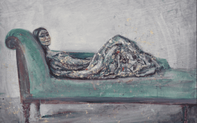 Image shows Celia Paul, Reclining Painter, 2023, Oil on canvas, 121.9 x 182.9cm, 48 x 72 in, © Celia Paul, Courtesy the artist and Victoria Miro