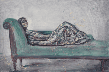 Image shows Celia Paul, Reclining Painter, 2023, Oil on canvas, 121.9 x 182.9cm, 48 x 72 in, © Celia Paul, Courtesy the artist and Victoria Miro