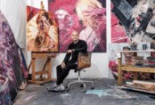 Image shows artist, LUAP, in his studio