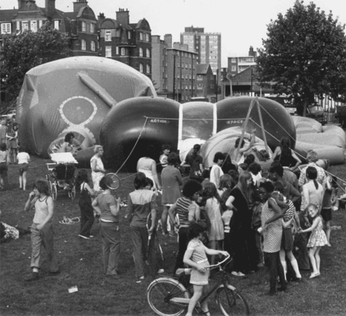 Image shows black and white photo of Action Space in Kentish Town, 1970s