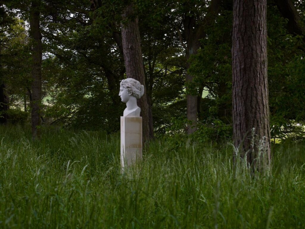 Image shows sculpted head in woodland by Ian Hamilton Finlay, Xth Muse (2008). Photo: Allan Pollok Morris, courtesy of Jupiter Artland