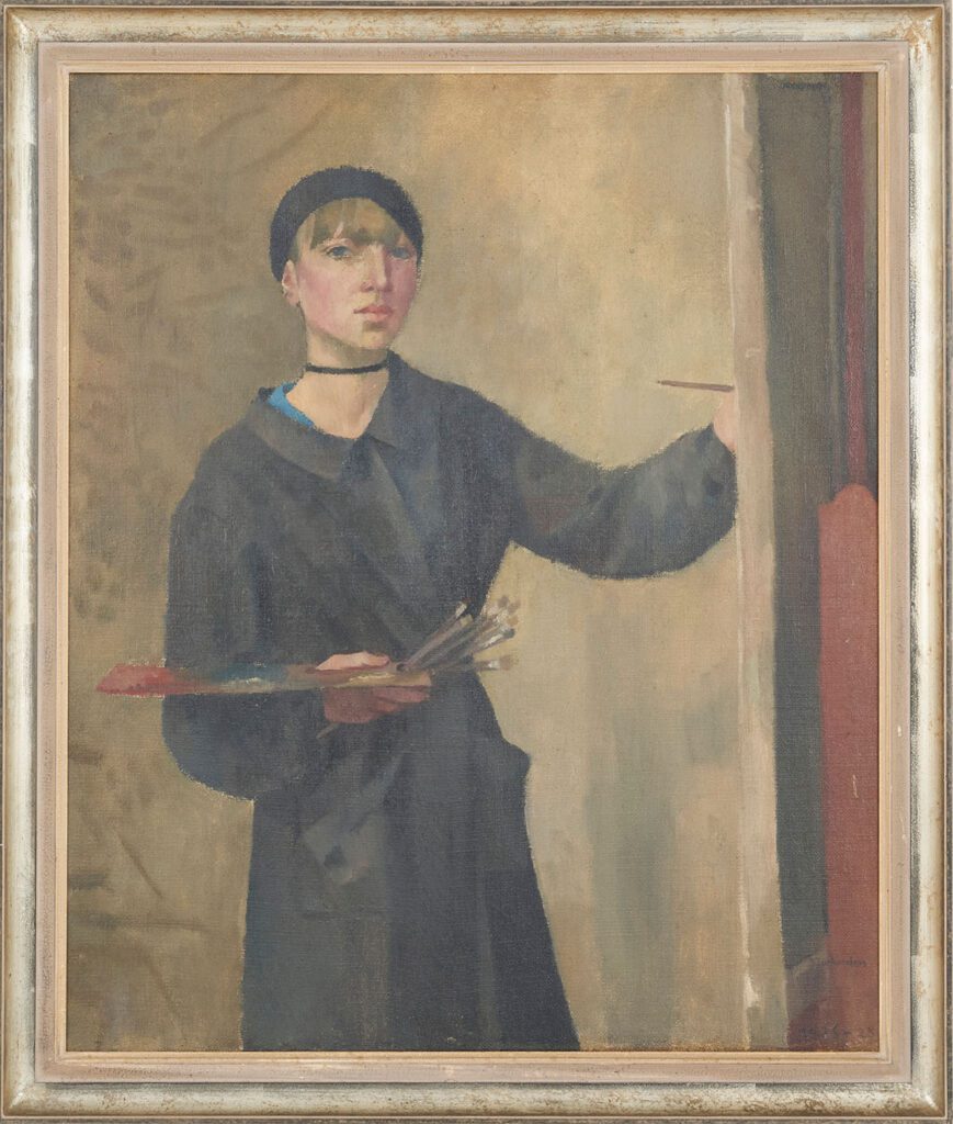 Irène Zurkinden, Selbstporträt im Atelier (Self-Portrait in the studio), 1926–28. Oil on canvas, 119.4 × 100 cm. Stiftung für Kunst, Kultur und Geschichte, Winterthur.