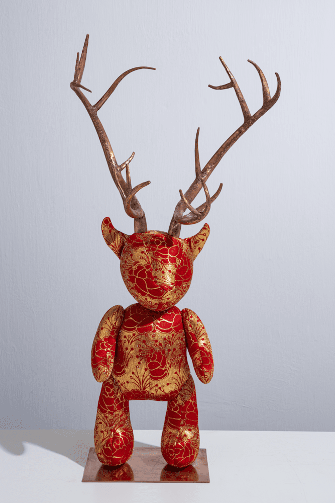 Permindar Kaur, 'Red Gold Indian Teddy', 2023. Photo by Richard Davies