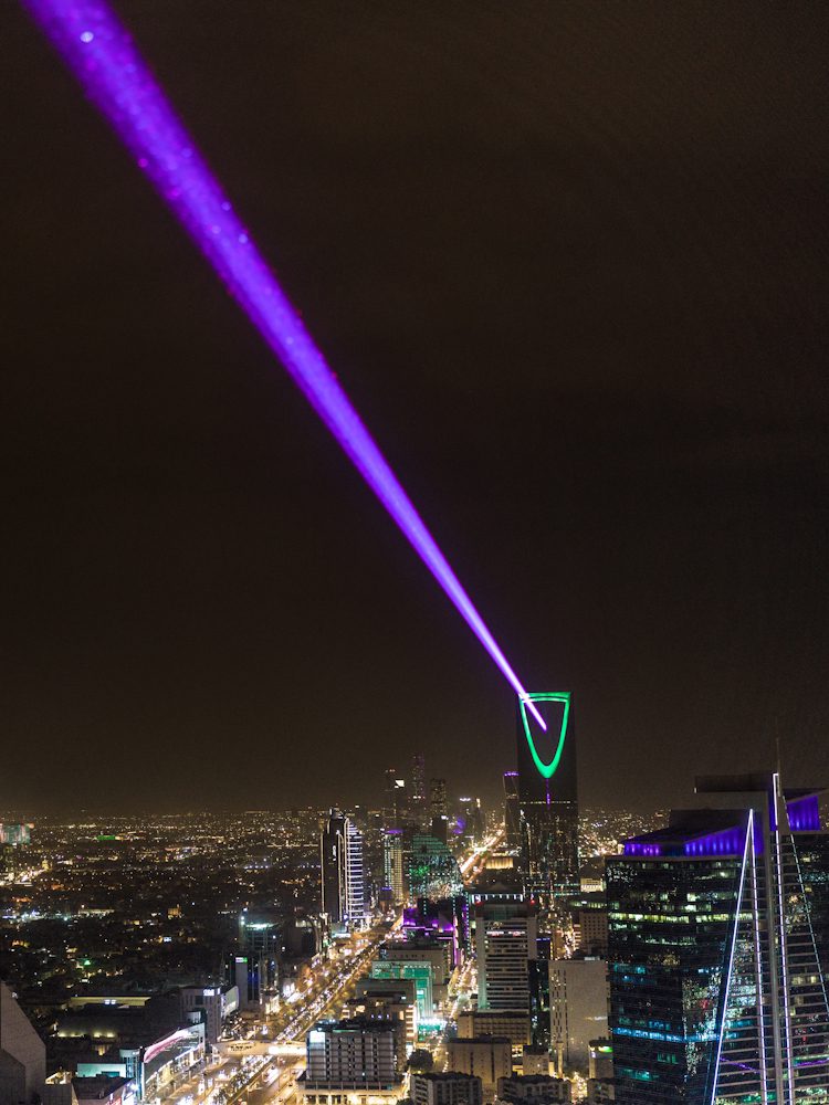 Higher Power at Noor Riyadh, projected off Norman Foster's Al Faisaliyah Tower, 2024. Photo by Delmar Mavignier