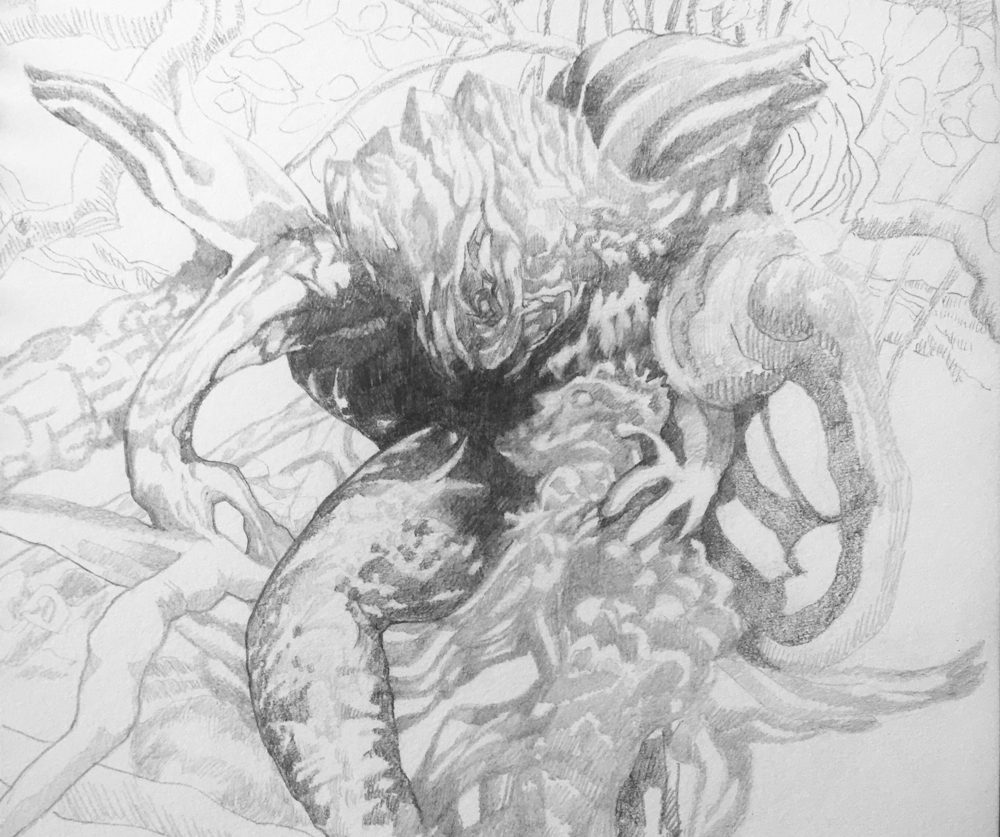 Detail from a drawing of trees. Michael Eden, Warring Entities, 2025