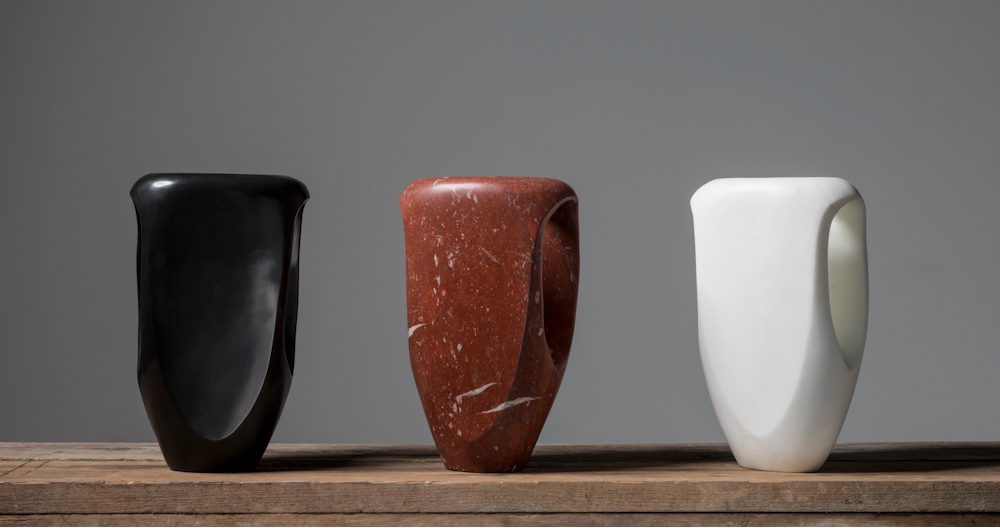Mauro Mori Scudo Black, 2006, Sculptures, Black Belgium marble, limited edition 8, H 17.5 x L 11 x P 6.3 in / Mauro Mori Scudo Red, 2019, Sculptures, Red marble, limited edition 8, H 17.5 x L 11 x P 6.3 in / Mauro Mori Scudo White, 2006, Sculptures, Calacatta marble, limited edition 8, H 17.5 x L 11 x P 6.3