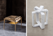 Gianluca Pacchioni, Cremino, 2019, Side tables, bronze, brass, grey onyx, one off, H 17.7 x L 18.8 x P 18.8 in/ Mircea Cantor, Future Gift, 2014, sculptures, white Carrare marble, H 19.2 x L 15.7 x P 15.7 in