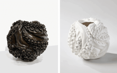 Jean-Christophe Malaval, Atlantis, 2021. Ceramic vase, numbered 1/20, H 8.2 x D 9.4 in / Jean-Christophe Malaval, Atlantis, 2021. Patined bronze vase, numbered 2/8, H 8.2 x D 9.4 in