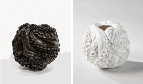 Jean-Christophe Malaval, Atlantis, 2021. Ceramic vase, numbered 1/20, H 8.2 x D 9.4 in / Jean-Christophe Malaval, Atlantis, 2021. Patined bronze vase, numbered 2/8, H 8.2 x D 9.4 in