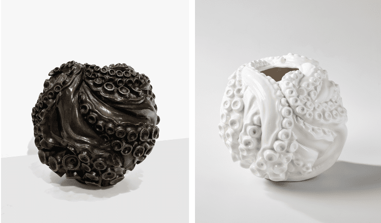 Jean-Christophe Malaval, Atlantis, 2021. Ceramic vase, numbered 1/20, H 8.2 x D 9.4 in / Jean-Christophe Malaval, Atlantis, 2021. Patined bronze vase, numbered 2/8, H 8.2 x D 9.4 in
