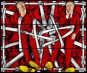 Gilbert & George HA-HA, 2022 Mixed media 74.8 x 88.98 x 1.5 inches 190 x 226 x 3.81 cm © Gilbert & George. Courtesy the artists and Lehmann Maupin, New York, Seoul, and London.