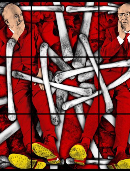 Gilbert & George HA-HA, 2022 Mixed media 74.8 x 88.98 x 1.5 inches 190 x 226 x 3.81 cm © Gilbert & George. Courtesy the artists and Lehmann Maupin, New York, Seoul, and London.
