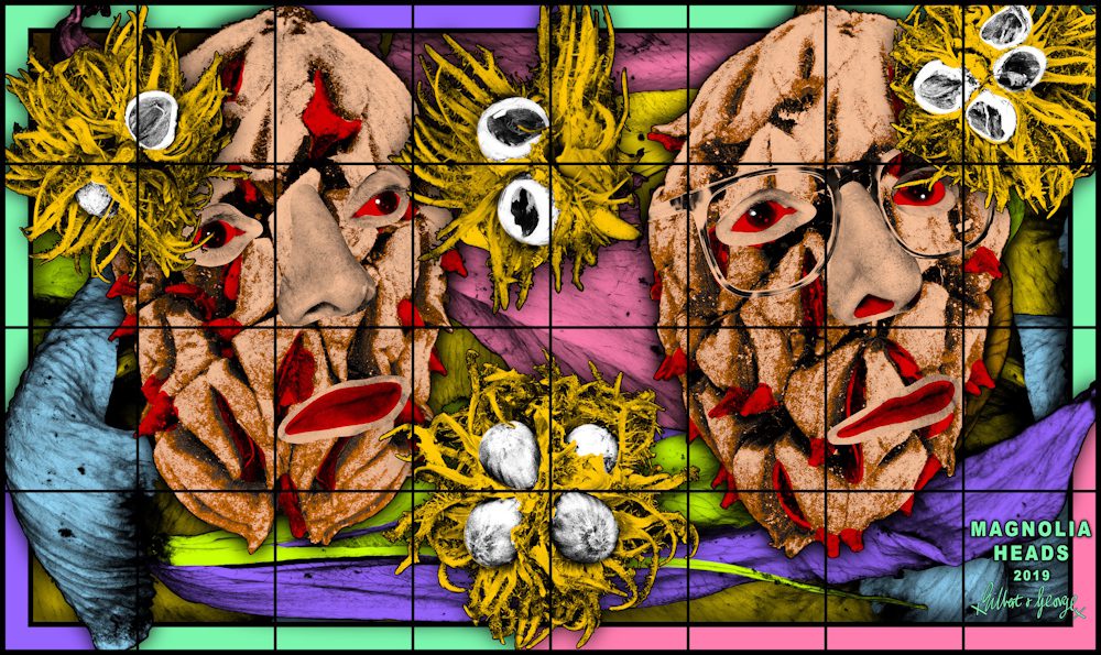 Gilbert & George MAGNOLIA HEADS, 2019 118 ½ x 198 13/16 in (301 x 505 cm) © Gilbert & George. Courtesy White Cube