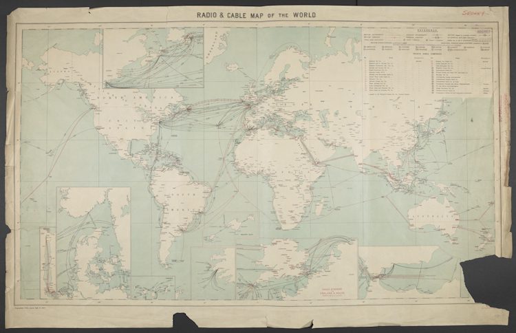 secret map reveals a global network of censorship stations (underlined in purple) these government facilities were used to intercept messages sent via submarine and overland cables.(Maps MOD 1849A). Secret Radio & Cable Map of the World, 1927 © British Library Board