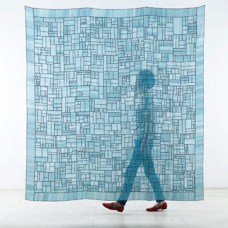 Lee Sora, Blue Jogakbo No. 1, Cold indigo-dyed Oksa silk, Ssamssol hand-stitching, 200 x 198 cm, 2013. Courtesy of the artist and Lloyd Choi Gallery Photo by Gunwon Shu