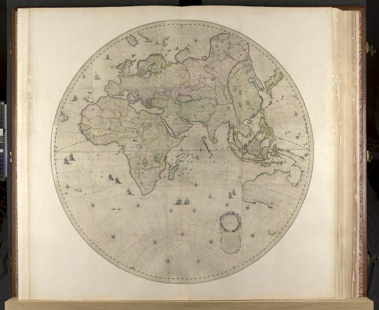 Part of a 1648 world map containing previously confidential Dutch coastal data of Australia. The map was presented to Charles II of England (Maps K.A.R.1,2). Joan Blaeu, world map, 1648 (Maps K.A.R.1,2) © British Library Board