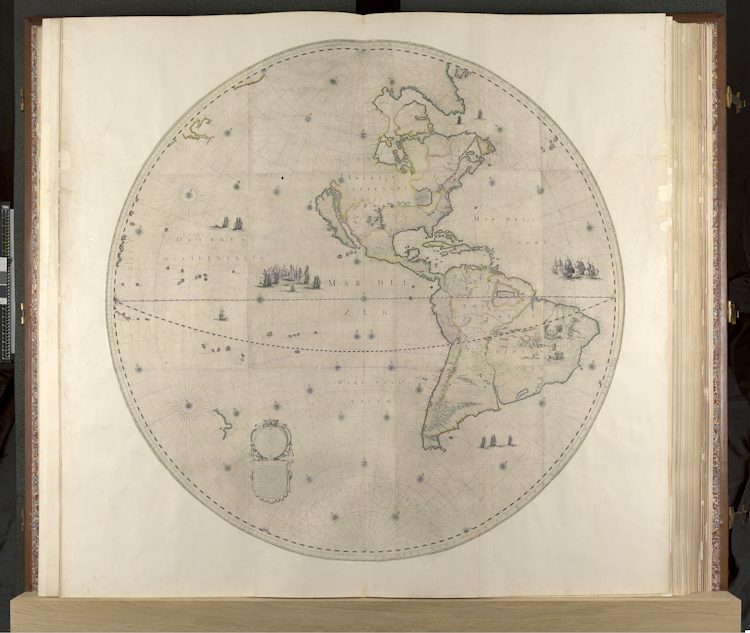 Part of a 1648 world map containing previously confidential Dutch coastal data of South America. The map was presented to Charles II of England (Maps K.A.R.1,2). Joan Blaeu, world map, 1648 (Maps K.A.R.1,2) © British Library Board