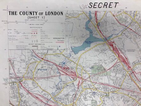 Secret plan of London, produced for the General Strike of 1926, that details vulnerable military installations, police posts and fire stations. Produced by the Ordnance Survey for the War Office, later transferred to the British Library from the Ministry of Defence. Secret plan of London, 1926 (detail) © British Library Board