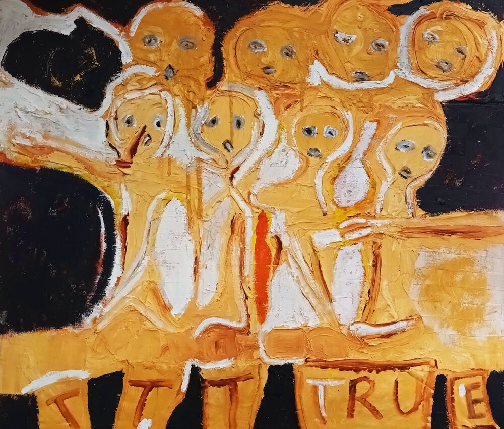 Ken Turner, The Killing of Children in Gaza, 2025 (gypsum and acrylic on canvas 4x4)