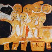 Ken Turner, The Killing of Children in Gaza, 2025 (gypsum and acrylic on canvas 4x4)
