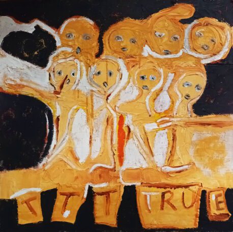 Ken Turner, The Killing of Children in Gaza, 2025 (gypsum and acrylic on canvas 4x4)