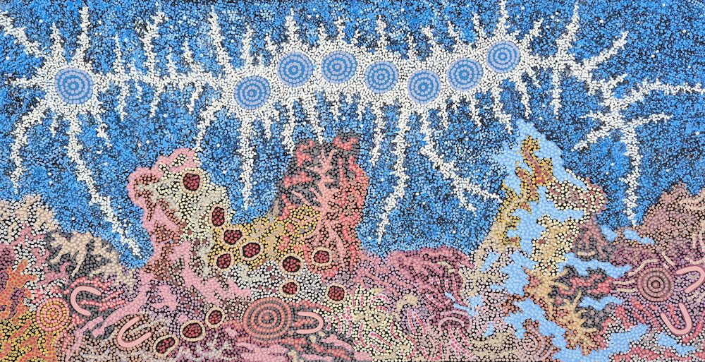 Gabriella Possum Nungurrayi, My Grandmother's Country & Seven Sisters Dreaming, 2025 1000 x 1950 mm Synthetic Polymer Paints on Canvas