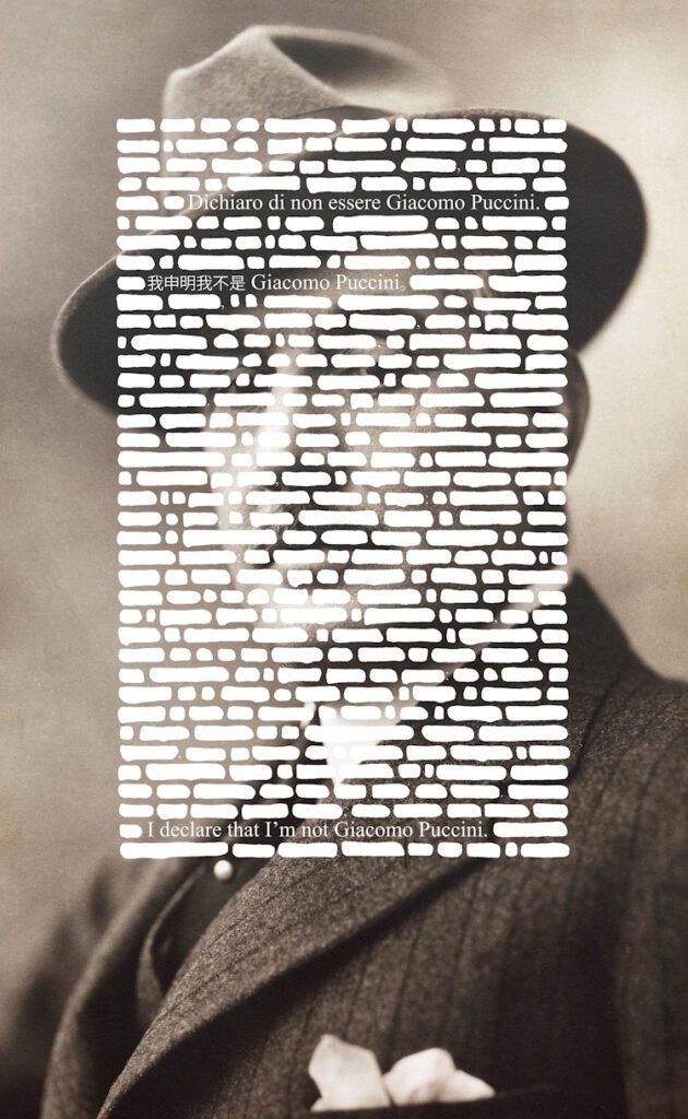 Emilio Isgrò, Giacomo Puccini, 2014. Acrylic on printed canvas mounted on wood. 260 x 160 cm. Courtesy of Fondazione Emilio Isgrò