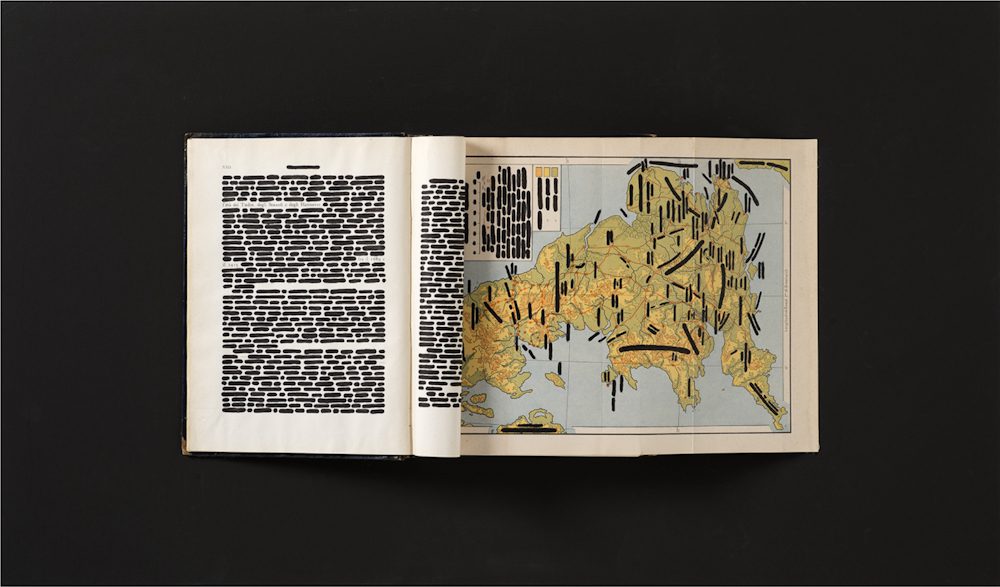 Emilio Isgrò, Storia inglese, 1969. (English History). Indian ink on book in box of wood and plexiglass, 50 x 85.1 x 7.5 cm. Courtesy of Fondazione Emilio Isgrò
